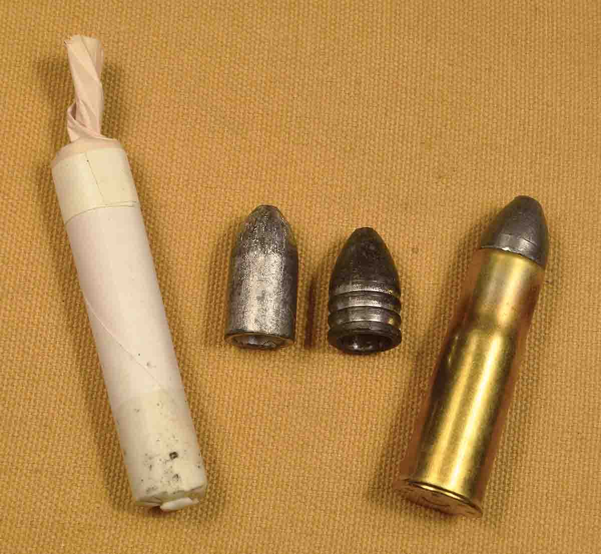 The assembled paper cartridge of the P-1853 (left) with its Pritchard bullet, compared with the later .577 Snider (right) and its cannelured Minié-type bullet. In the Snider, lubrication is held in the cannelures, where the greased paper provides lubrication in the P-1853. The paper cartridge was made by Author Brett Gibbons.
